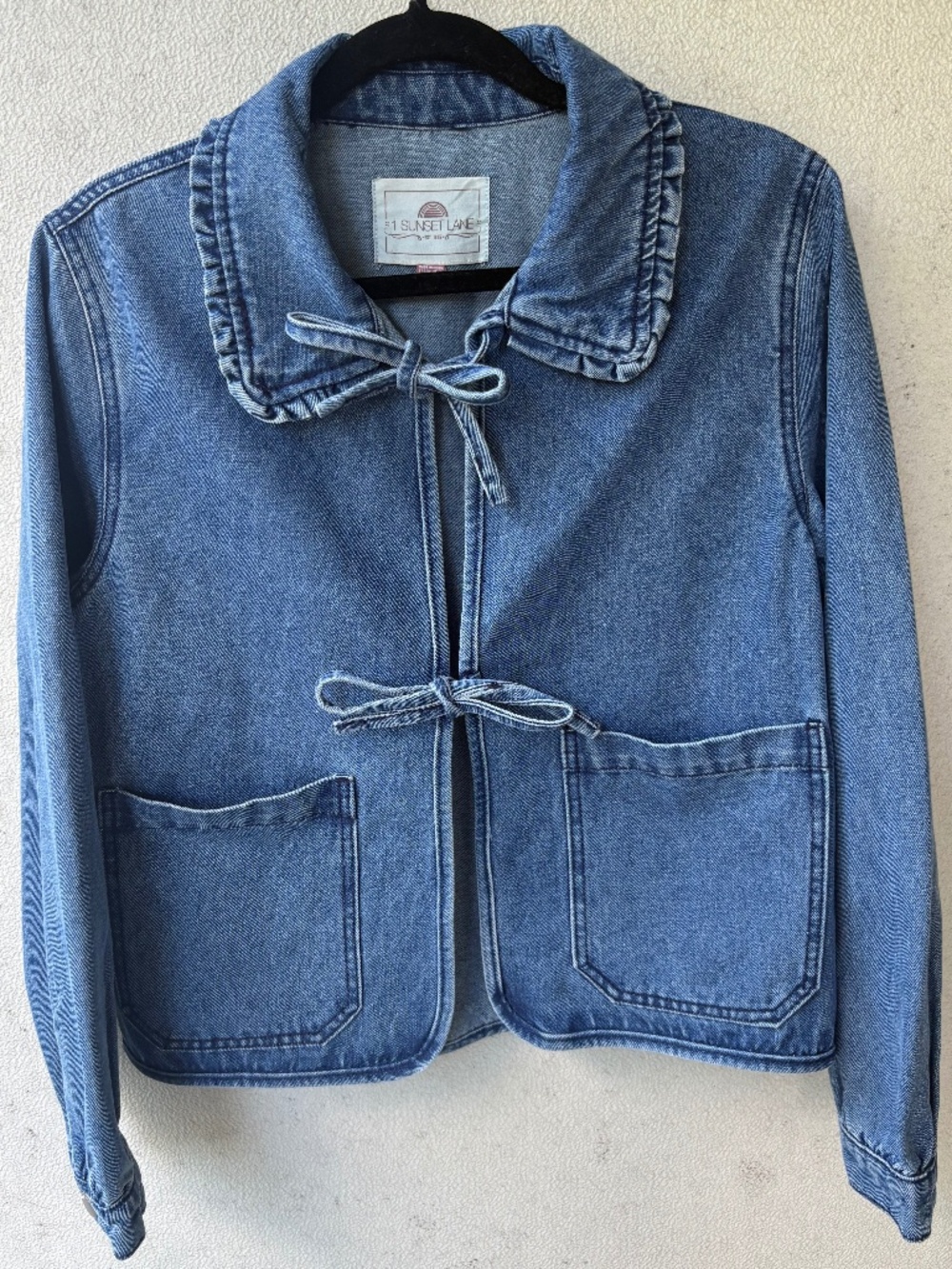 1 Sunset Lane Denim Tie Front Chore Jacket Ruffle Collar M